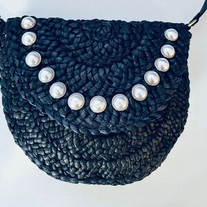 StylishBTB Black Woven Crossbody Bag with Pearl Details